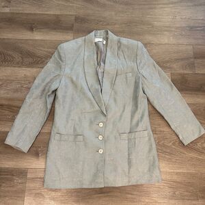 Vintage 90s Damask Linen Shawl Collar Blazer Jacket Light Sage Gray Size 12